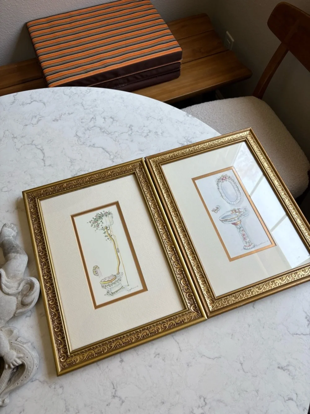 Vintage Pair of Gold Ornate Framed Bathroom Prints